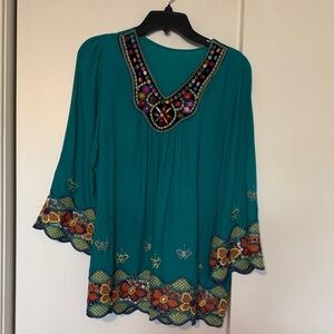 Embroidered Teal Boho Top